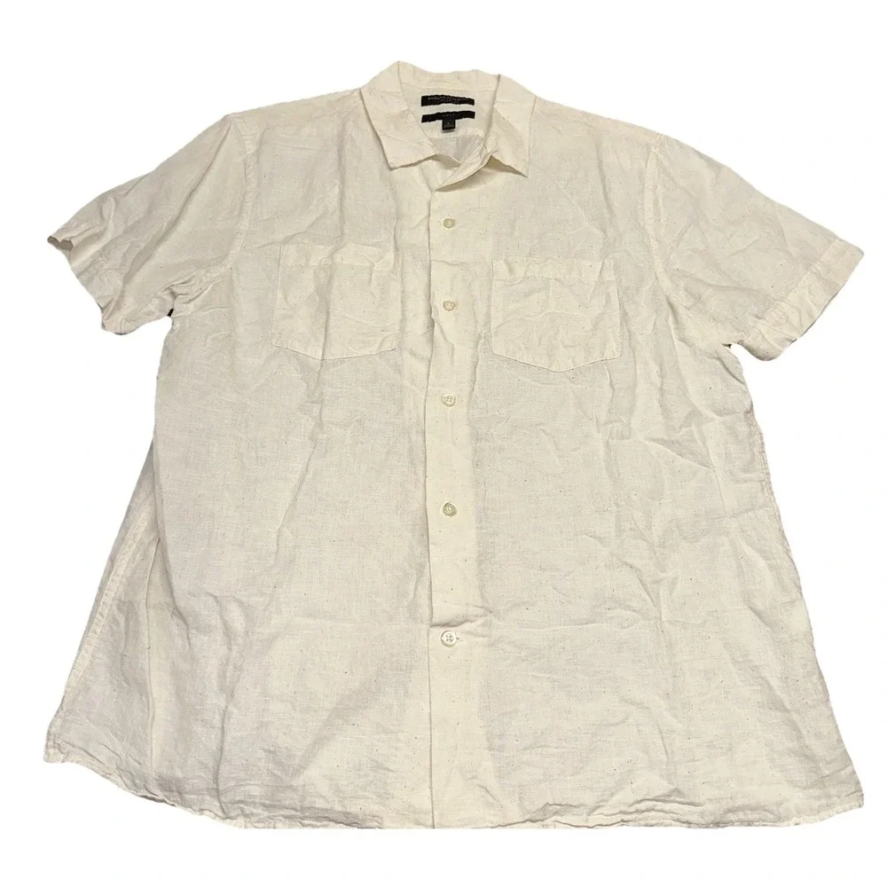 Banana Republic Slim Fit Beige Linen Cotton Loop Button Up S/S Camp Shirt Mens L